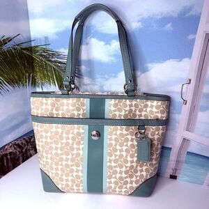 Coach Chelsea Heritage Stripe Signature Tote Teal & Khaki Coated Canvas #F15137